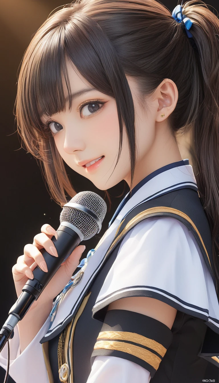 (masterpiece, Highest quality:1.2), One girl, alone,bony body、15 years old、(masterpiece, Highest quality:1.2), One girl, alone,bony body、15 years old、Face close-up、idol uniform , mic , stage , master piece , best quality , detailed , bangs , woman 