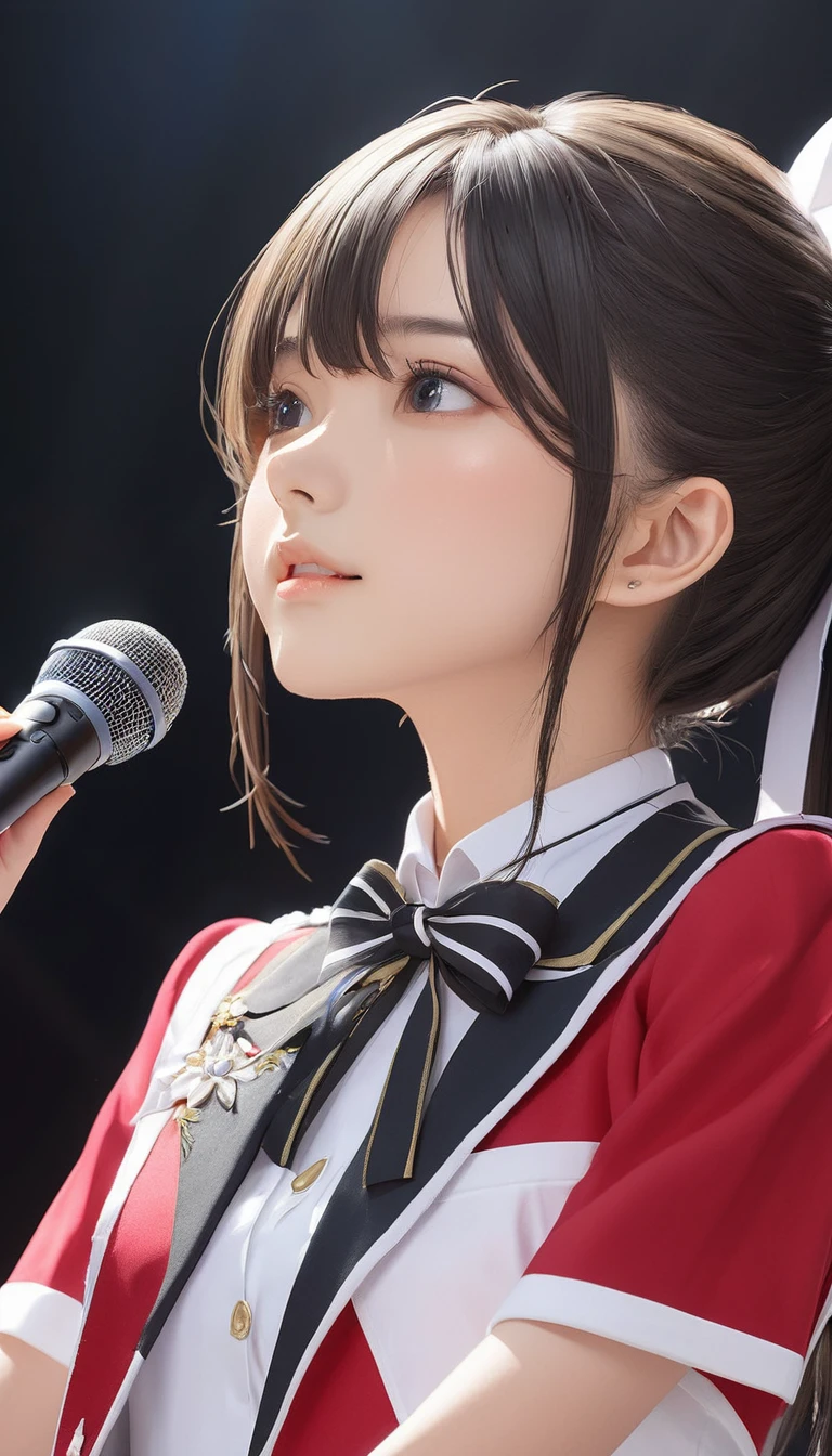 (masterpiece, Highest quality:1.2), One girl, alone,bony body、15 years old、(masterpiece, Highest quality:1.2), One girl, alone,bony body、15 years old、Face close-up、idol uniform , mic , stage , master piece , best quality , detailed , bangs , woman 