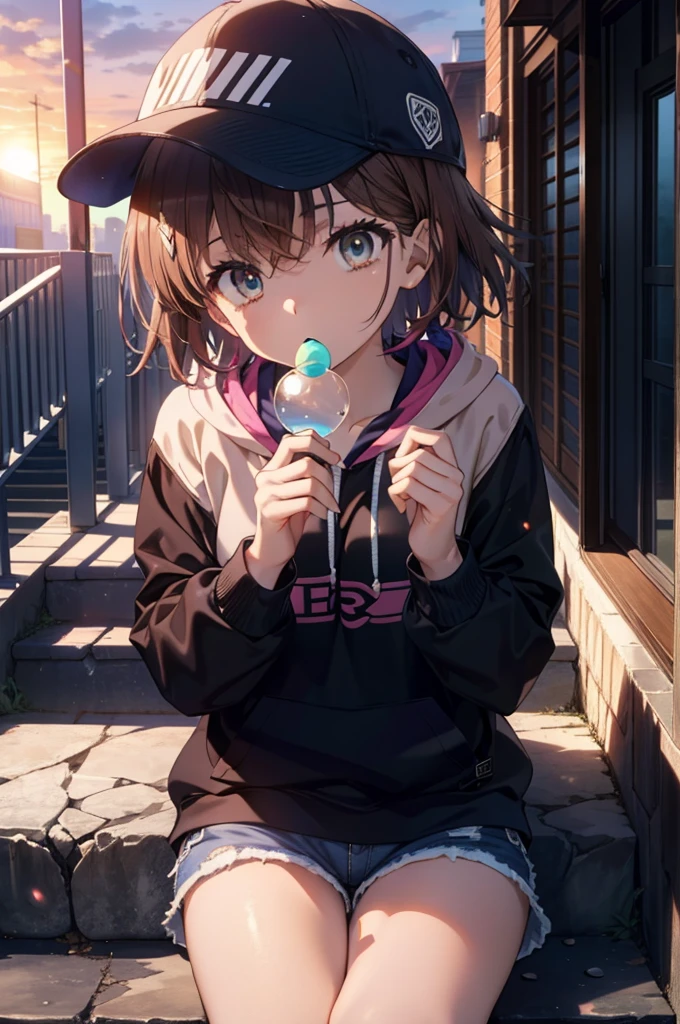 Mycotrose, Brown eyes,Brown Hair,short hair,Small breasts,Oversized black hoodie,Baseball cap,Shorts,boots,He has his hands in his hoodie pockets,Blowing bubble gum with your mouth,Sitting on the stairs,evening,sunset,The sun goes down,whole bodyがイラストに入るように,　　　　　　　　　　　　　　　　　 　　　break looking at viewer, whole body,　　　 　　　　　　break outdoors, Area,　　　　　　　　　　　　　　　　　　break (masterpiece:1.2), Highest quality, High resolution, unity 8k wallpaper, (shape:0.8), (Beautiful and beautiful eyes:1.6), Highly detailed face, Perfect lighting, Highly detailed CG, (Perfect hands, Perfect Anatomy),