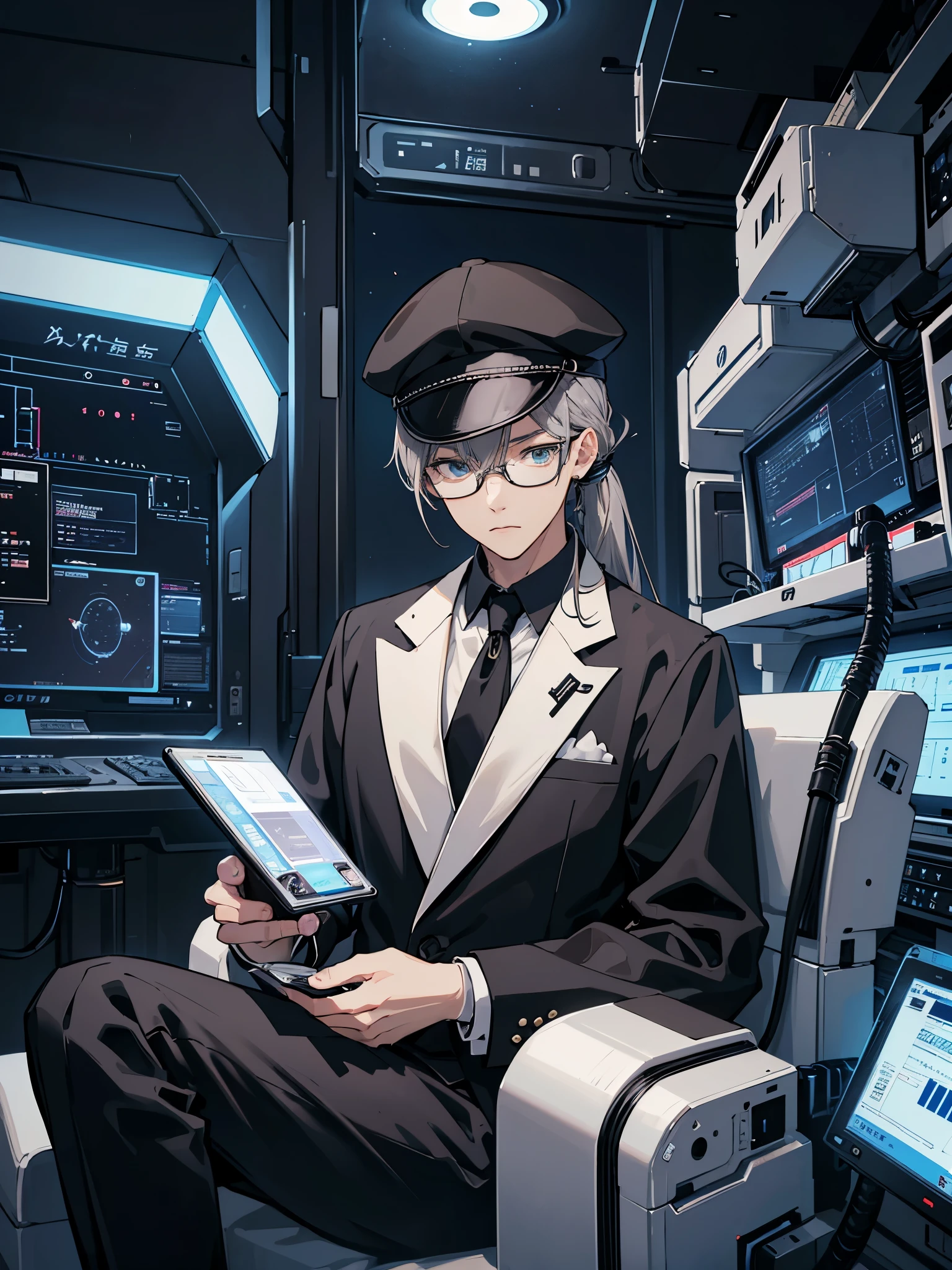 （Mastepiece）（High definition）Teenage Japanese male android、Gray Hair、ponytail、hat、Tuxedo、tie、Wearing round rimless glasses、Sitting、It is connected to the machine by multiple cables.（charging）、background（A science fiction-like electronic world、A space that feels like the inside of a machine、Virtual space、Near future）