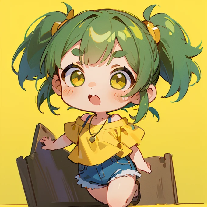 (masterpiece, Highest quality:1.2), (2 head body chibi character:1.1), Yellow-green hair, Twin tail hair, Top of the head, Yellow-green eyes, Wink, Yellow off-shoulder blouse, Denim shorts, Short bangs, Thick eyebrows, Round necklace, A gentle atmosphere, Jumping, View your viewers, (Photo studio with blue background:1.0)