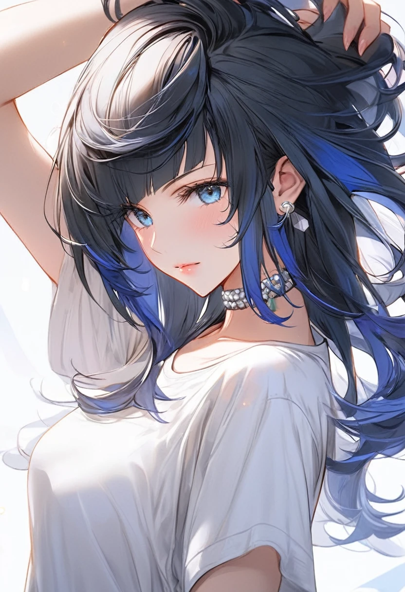 (Genshin Yelan)(Wear a white loose T-shirt)(Sleepy)(One hand rubbing the hair)(masterpiece), (best quality), (Super detailed),(Messy hair),(illustration), (1 Girl), (Simple background),Beautiful and delicate eyes, Delicate and beautiful face, floating,(High Saturation)(,(shining), focus on face, Bangs, (shining), Optimal lighting, The best shadow。