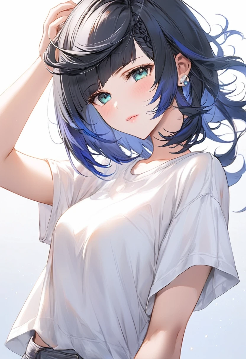 （Genshin Yelan）（Wear a white loose T-shirt）（Sleepy）（One hand rubbing the hair）(masterpiece), (best quality), (Super detailed),(Messy hair),(illustration), (1 Girl), (Simple background),Beautiful and delicate eyes, Delicate and beautiful face, floating,(High Saturation)(,(shining), focus on face, Bangs, (shining), Optimal lighting, The best shadow。