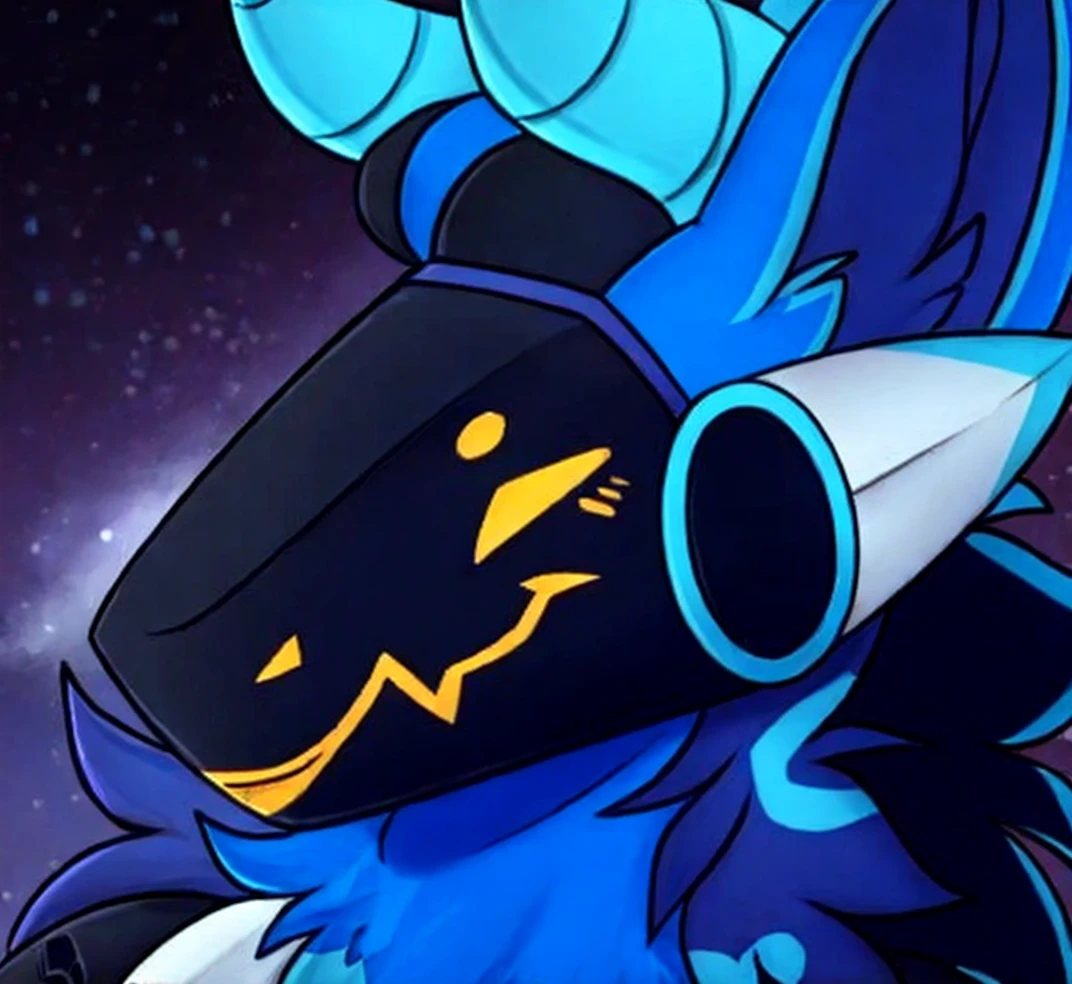 Protogen with horns on the head of blue color,black and white