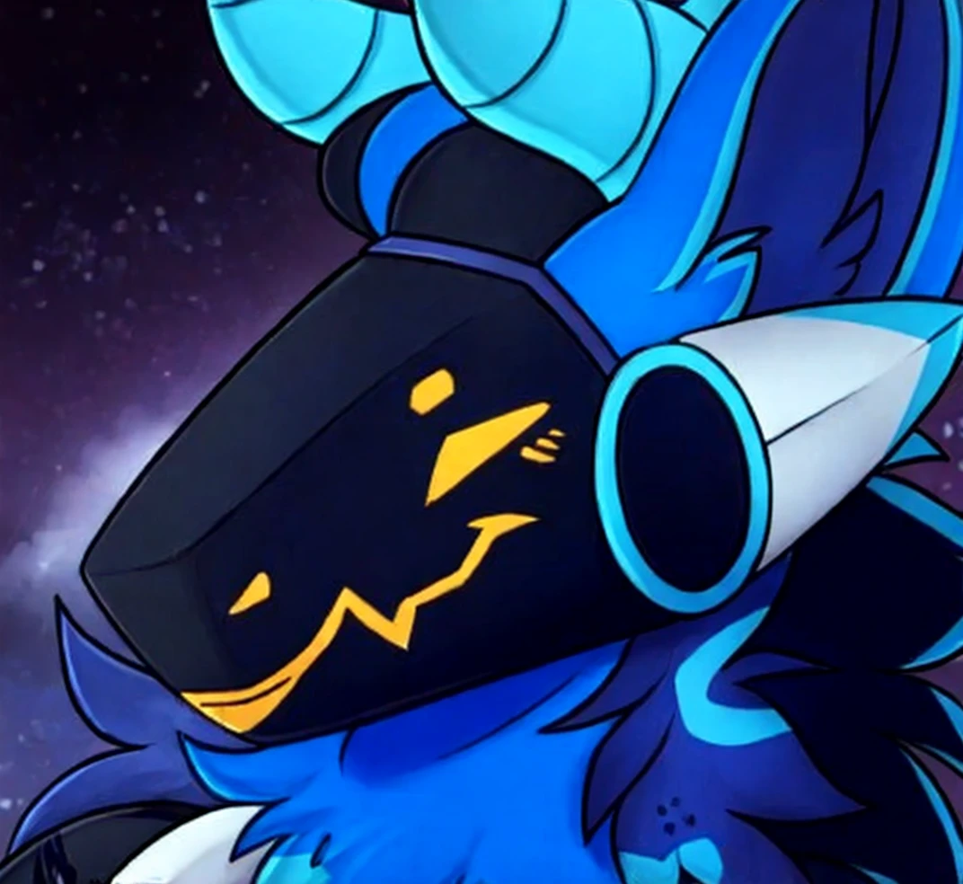 Protogen with horns on the head of blue color,black and white