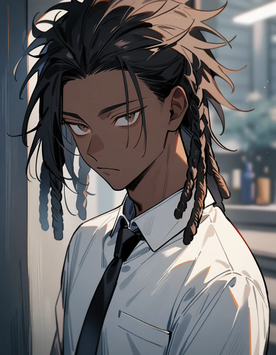 (1boy,jujutsu kaisen) solo, (white undershirt with black tie), (brown skin color), messy look, black hair, ((dreadlock hairstyle)), brown eyes, masterpiece, best quality, high quality, upper body, male focus, eye bags, 17 year old
