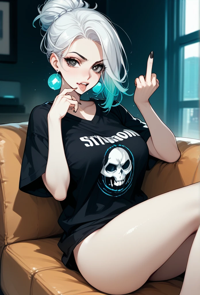 mature woman, (mature face, hot face), nasty expression, raven hairstyle, (white hair color, black gradient hair color), (sharp eyes), black pupils, glossy lips, voluptuous body, big breasts, big ass, casual clothes, oversized t-shirt, hot pants, sitting on sofa, living room, side view, tongue out, drooling, middle finger