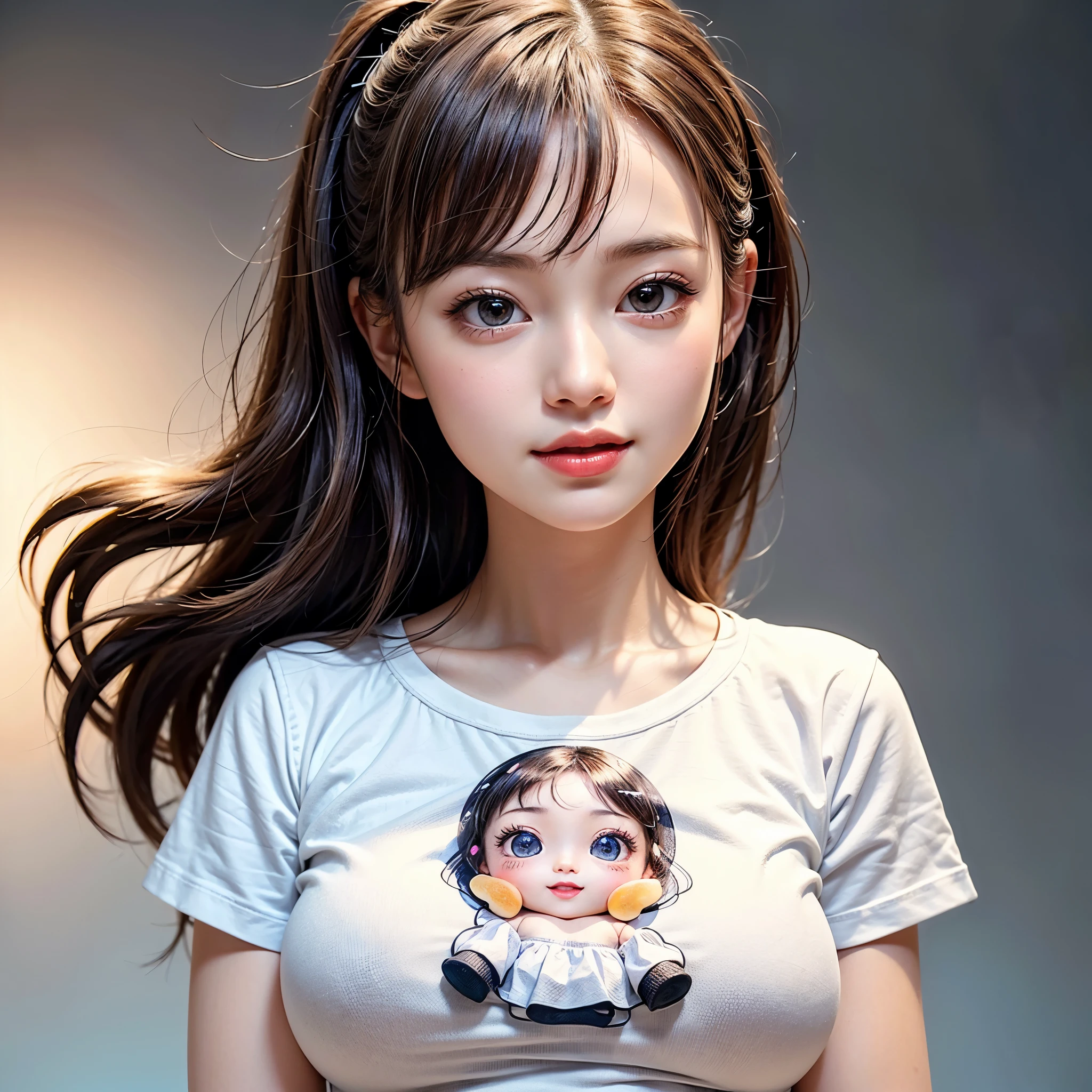 White and Bright Red, (Masterpiece 8K TopQuality:1.2) (ProfessionalPhoto:1.37) ExtremelyDetailed (((FullBody, KAWAII girl with HUGE boobs:1.37)) in ((WHITE cotton T-shirt dress:1.28) with (her face printed on it:1.24)) detailed (Delicate cotton textures)) PerfectLighting (Studio Dark GRAY Background) with (Oodles of mystic Dazzling RainbowColor Particles:1.26)  BREAK  (((NOGIZAKA FaceVariations))), Extremely Detailed (very KAWAII Face), Childish CaptivatingGaze Stunning ParfectEyes ElaboratePupils with (SparklingHighlights:1.28), DoubleEyelids with (Detailed Voluminous LongEyelashes:0.88), Small GlossyRedLips with BeautifulDetails, CoquettishTongue, PUNIPUNI RosyCheeks, Radiant PearlSkin with Transparency, Glowing DowneyHair . { (Dynamic Joyful expressions LifeLike Rendering:1.4) | (:d) }, (large eyes:-1) . 