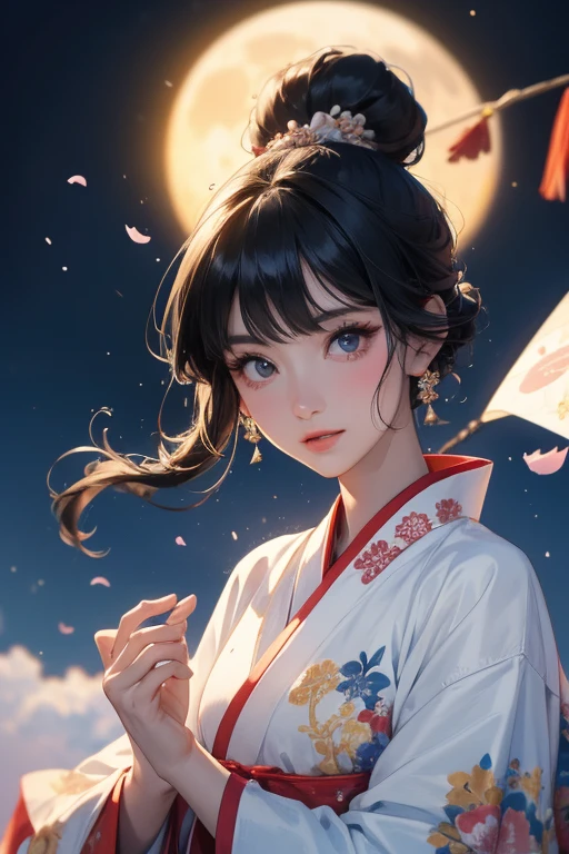(Highest quality、masterpiece、High resolution、8K)、Vibrant colors、1 Female、Black hair Japanese topknot、whole body、Bon dance、着物は和装で鮮やかなflower柄模様、Official Art、The background is Ukiyo-e style、White waves,Fuji Mountain,flower,moon,cloud,