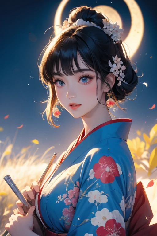 (Highest quality、masterpiece、High resolution、8K)、Vibrant colors、1 Female、Black hair Japanese topknot、whole body、Bon dance、着物は和装で鮮やかなflower柄模様、Official Art、The background is Ukiyo-e style、White waves,Fuji Mountain,flower,moon,cloud,