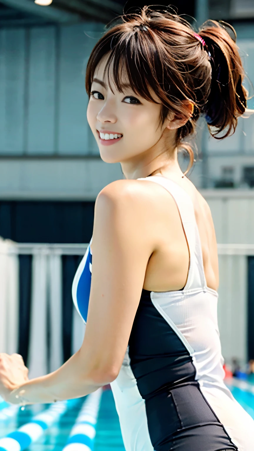 (((With perfect anatomy, we carefully draw perfect limbs with no excess or deficiency, taking into account the direction in which the joints bend.))),(The grandstands were filled with spectators),(((A beautiful swimmer who looks great in a one-piece swimsuit competing in the world competition in the 50-meter waterway.))),(((The swimsuit with a large back is clean々Shii,Holding goggles in hand))),(((When their names are called, they appear on the waterway and wave.))),Speed,泳力の強い美Shiiフォームのテクニシャン,A gliding sensation,Capture the essence of the movement and the moment of the play,((A beautiful swimmer wearing a black uniform with red horizontal stripes and a thick headband looks ahead)),((With a serious look on his face, he sets off on the course.)),Rushing forward like a rabbit,All in one,(Skin Dentition:1.5),Realistic and realistic,(masterpiece:1.5),Sports concept art,Intricate details,Highly detailed and realistic,Octane Rendering,4K,Sports Real Engine,Dynamic pose, Highest quality,High resolution,(Realistic Face:1.1),(Surreal:1.1), ((full_body)),((Expressing the dynamism that emanates from the whole body)),(((He has a slim, muscular body with well-trained legs and a slim waist, making him look like a coke bottle.))),(4K full-body shot from the side),(Shiny skin:1.2),(((Hairstyle))),(((Perfect hands))),(Highly detailed background),((Tokyo indoor swimming track packed with spectators)),A crucible of cheers and excitement,((Beauty condensed in 1girl)),((光を蓄えた美Shii瞳)),(((The dripping sweat shines beautifully))),(Ponytail flutters in the wind),casting ,((Dramatic beauty)),披写界深度の深い美Shiiボケ,4K,Gothic,4K Digital SLR Camera,Film grain effect,Fujifilm XT3 style,(Saiharu Body),(Delicate eyes and face),Professional Perspective,素晴らShiiディテール,(((1girl condenses exceptional beauty))),繊細でHigh noseを持つ美Shii顔,High nose, Clear chestnut eyes that glorify the light, Glossy red lips, light makeup,))),