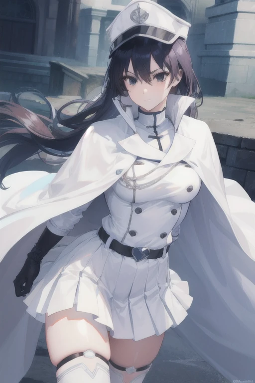 bambietta, bambietta basterbine, long hair, black hair, (black eyes:1.5), (medium breast:1.2),
BREAK skirt, gloves, boots, belt, cape, cloak, white cloak, hat, cap,
BREAK looking at viewer,
BREAK outdoors,
BREAK (masterpiece:1.2), best quality, high resolution, unity 8k wallpaper, (illustration:0.8), (beautiful detailed eyes:1.6), extremely detailed face, perfect lighting, extremely detailed CG, (perfect hands, perfect anatomy),