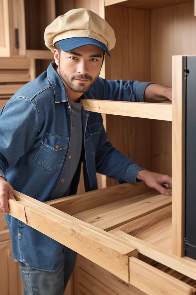 The carpenter is building the cabinet with pine wood and wooden boards, wearing blue work and hat. The man is in his thirties, with a close-up of his face. It shows a modern style interior design of home cabinets made from solid oak. A full body shot was taken in the style of a Canon EOS R5 F2.8 lens, with a photo realistic style