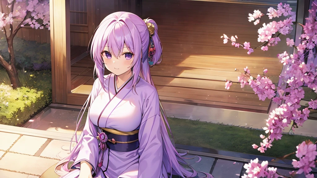 woman　clear　Light purple hair　　kimono　　Anime Style　　teahouse
