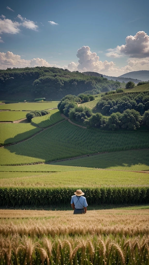 Wheat field, a farmer uncle with a straw hat standing in a wheat field, big clouds, blue sky, rice field, neat rice seedlings in the field, forest, hillside, secluded, rural, HD detail, hyper-detail, cinematic, surrealism, soft light, deep field focus bokeh, ray tracing and surrealism. --v6