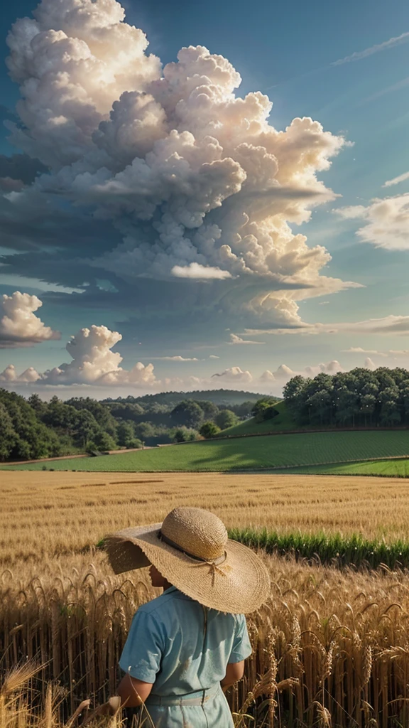Wheat field, a farmer uncle with a straw hat standing in a wheat field, big clouds, blue sky, rice field, neat rice seedlings in the field, forest, hillside, secluded, rural, HD detail, hyper-detail, cinematic, surrealism, soft light, deep field focus bokeh, ray tracing and surrealism. --v6