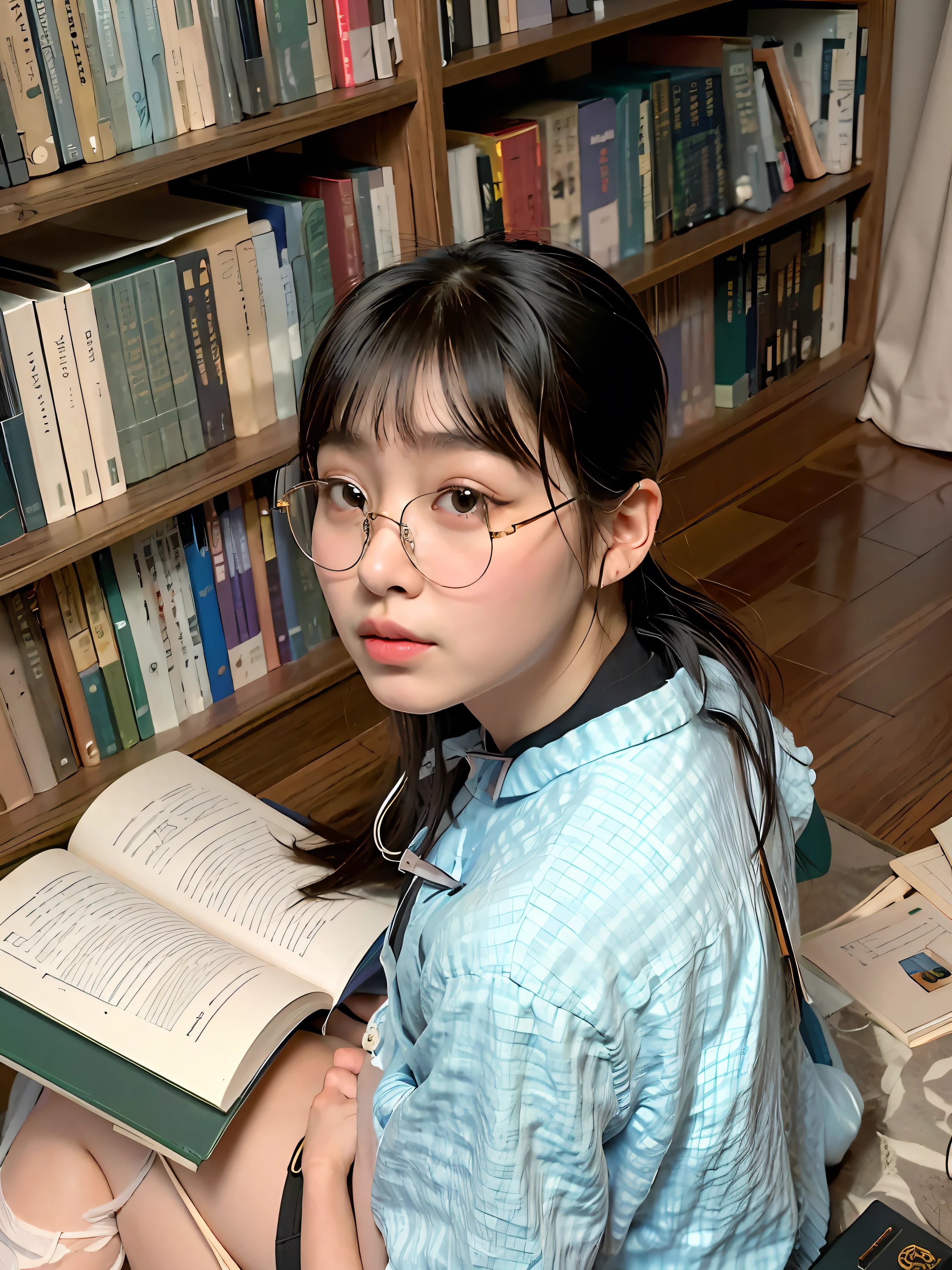 Allafard Asian girl sitting on the floor and reading a book, student, Glasses, In the library, Reading in the library, xintong chen, 戴Glasses, qiu fang, wenfei ye, Zhang Pengzhen, 戴着细长而又圆的Glasses, li zixin, jinyiwei, 戴圆Glasses的女孩, 戴着小圆Glasses, Author Zhang Li