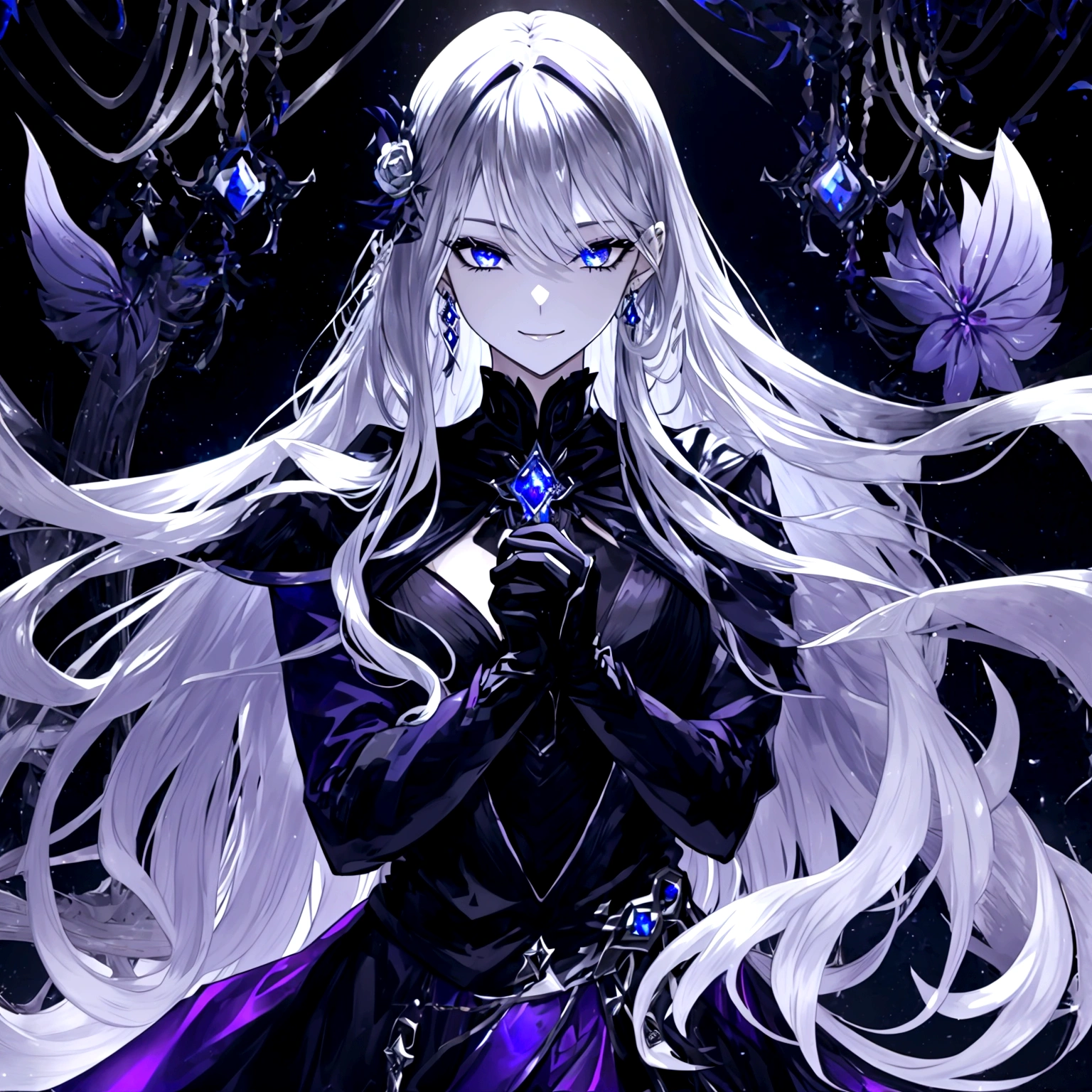 Guy, beautiful facial features, smile, squinted siren dark blue eyes without glare, silver and dark purple long loose hair with straight bang, fantasy black clothes with blue and purple elements, long black gloves, model, gorgeous, elegant, lots of silver jewelry, flowers in his hair