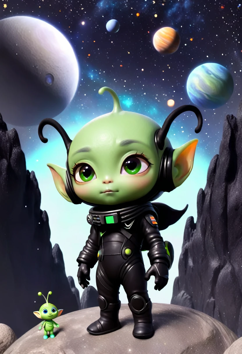 "A young humanoid alien man, light green skin, with antennas on the head and elf ears, dressed in a black astronaut suit and helmet, standing on top of a small, rocky planet in outer space. Around, there are planets of different sizes and colors, bright stars and several spiral galaxies on dark space background.