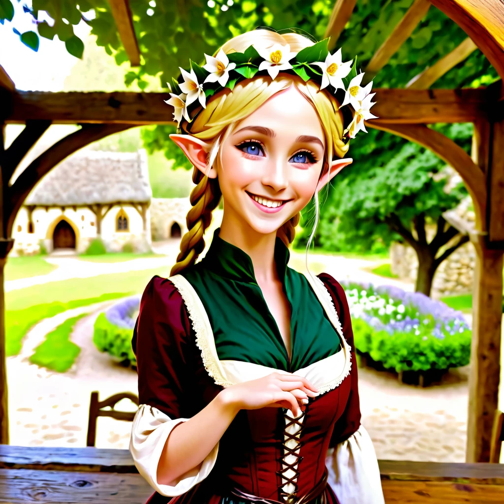 work of art, ultra epic details, ultra detaild, best resolution, blonde, Braided hair, (BEAUTIFUL ELF, beautiful and rustic flower crown {olhos ultra detailds} ((rosto angelical)), sculptural body, ((wearing medieval peasant clothing)), ((perfect hands)), ((expression of happiness)), (Grinning), great smile, Simple smile, TREES,
medieval scenery, medieval tavern, picture of the hole body,