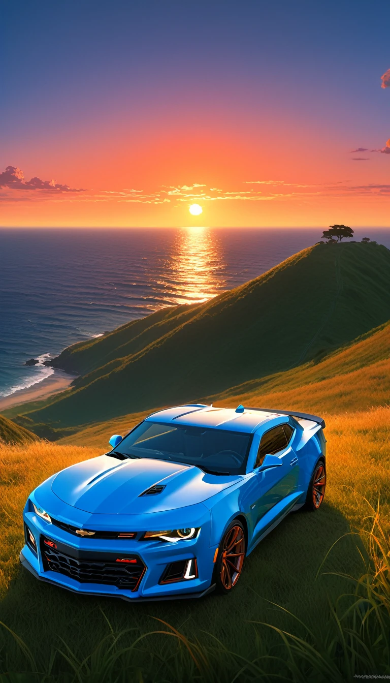 High quality, 8K Ultra HD. The image shows (a young boy) next to an anime Camaro ZL1 looking at the ocean at sunrise from a grassy hill, with a background of vibrant blue sky and red and orange tones of the sun. anime art wallpaper 4k, anime art wallpaper 4K, anime background, anime art wallpaper 8K, anime art background, anime landscape wallpaper, amazing wallpaper, high quality wallpaper definition,4k animated wallpaper,4k animated wallpaper,Aries Moross art,Bob Byerley art,AshleyWoodArtAI,greg rutkowski