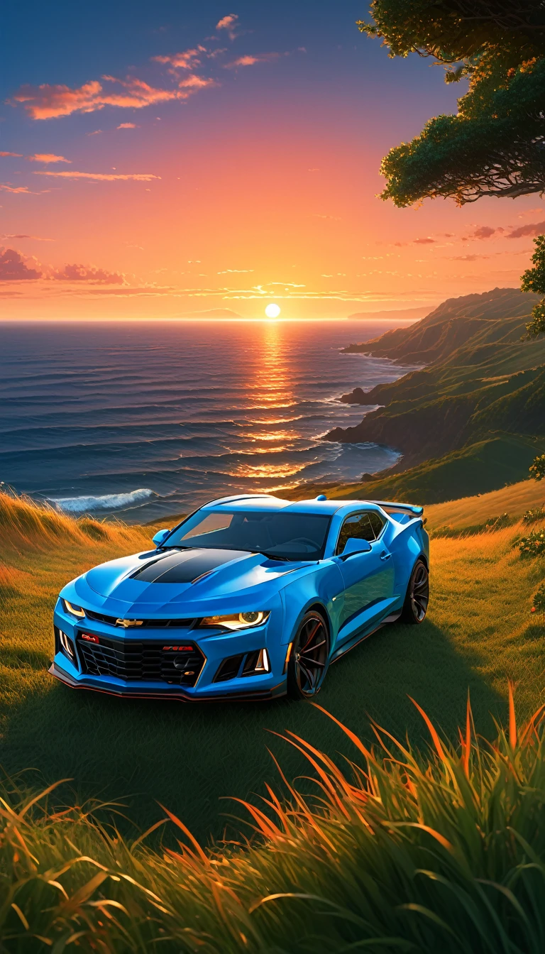 High quality, 8K Ultra HD. The image shows (a young boy) next to an anime Camaro ZL1 looking at the ocean at sunrise from a grassy hill, with a background of vibrant blue sky and red and orange tones of the sun. anime art wallpaper 4k, anime art wallpaper 4K, anime background, anime art wallpaper 8K, anime art background, anime landscape wallpaper, amazing wallpaper, high quality wallpaper definition,4k animated wallpaper,4k animated wallpaper,Aries Moross art,Bob Byerley art,AshleyWoodArtAI,greg rutkowski