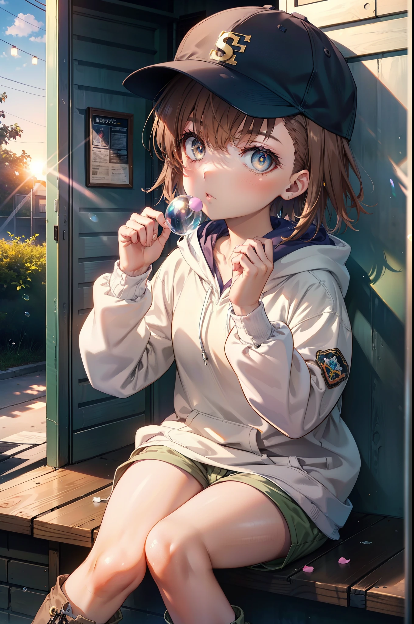 Mycotrose, Brown eyes,Brown Hair,short hair,Small breasts,Oversized black hoodie,Baseball cap,Shorts,boots,His hands are in his hoodie pockets,Blowing bubble gum,Sitting on the stairs,evening,Sunset,The sun is setting,whole bodyがイラストに入るように,　　　　　　　　　　　　　　　　　 　　　break looking at viewer, whole body,　　　 　　　　　　break outdoors, construction area,　　　　　　　　　　　　　　　　　　break (masterpiece:1.2), Highest quality, High resolution, unity 8k wallpaper, (shape:0.8), (Beautiful and beautiful eyes:1.6), Highly detailed face, Perfect lighting, Extremely detailed CG, (Perfect hands, Perfect Anatomy),