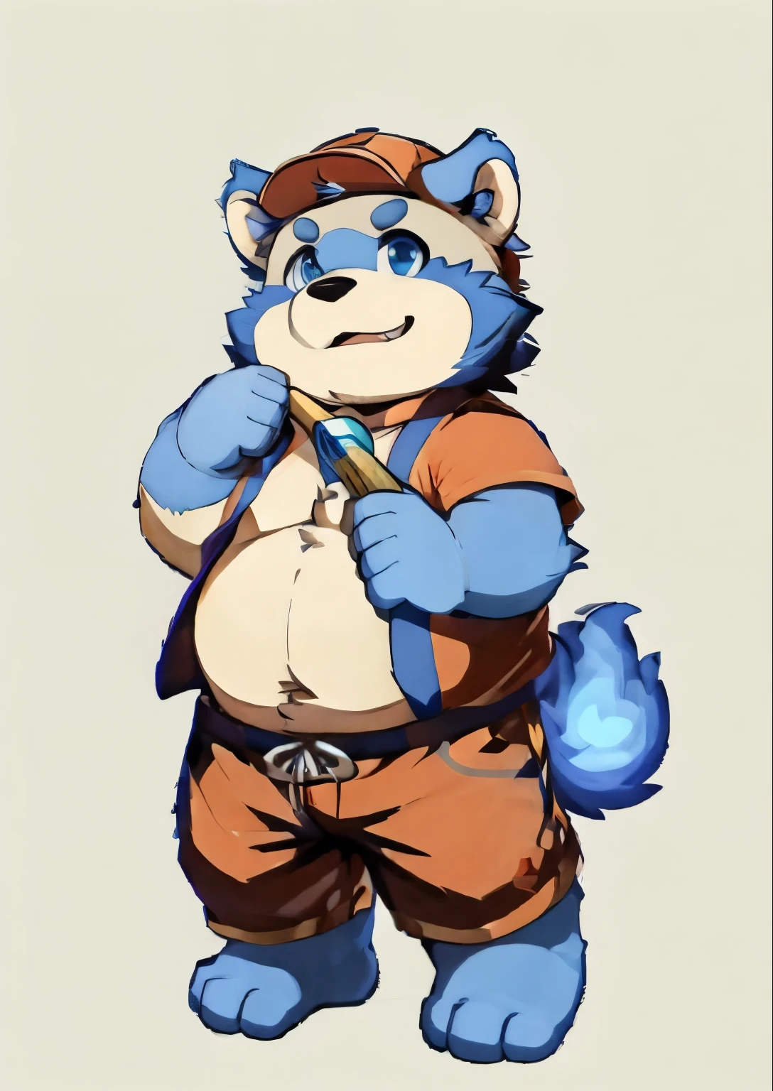 solo, botailang,Cute face, (baseball cap, Wielding Baseball bat) ,(Sideways, sidled), Chubby,(white eyebrows:1.1),(blue eyes),Simple background, Blue Background,print style。（Artist:Takemoto Arashi），blue fire ，blue fire above the eyebrows，