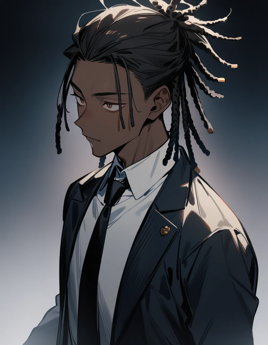 (1boy,jujutsu kaisen) solo, (white undershirt with black tie), (brown skin color), messy look, black hair, ((dreadlock hairstyle)), brown eyes, masterpiece, best quality, high quality, upper body, male focus, eye bags, 17 year old