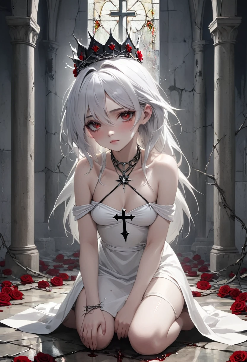 a girl with pale skin and white hair with gray undertones, wearing a crown of thorns from which small drops of blood trickle down her forehead, her eyes completely dark with an empty expression and a faint smile on her face, wearing a short white dress that reaches her knees, several silver roses adorn her body while sharp-thorned vines resemble necklaces wrapping her hands and waist, in a ruined church with cracked walls and broken windows, allowing in a timid light, next to an altar holding a cross adorned with various roses, an overall melancholic and mysterious atmosphere, emphasizing the loneliness and contrast between the girl's beauty and suffering