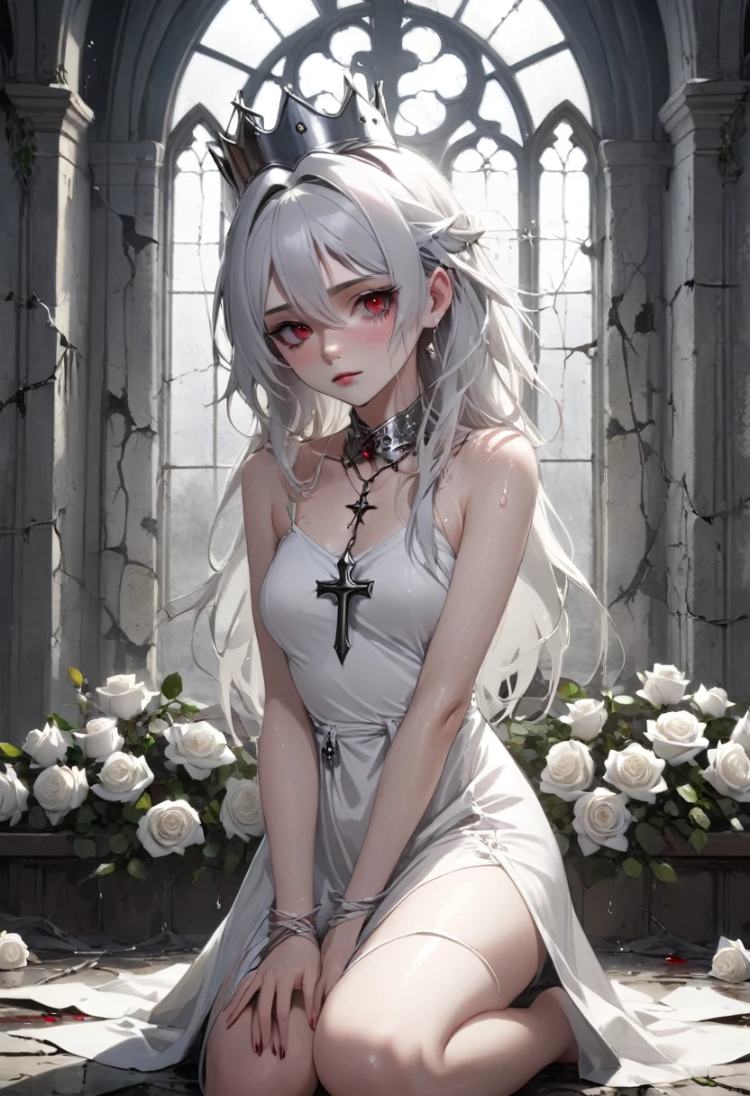a girl with pale skin and white hair with gray undertones, wearing a crown of thorns from which small drops of blood trickle down her forehead, her eyes completely dark with an empty expression and a faint smile on her face, wearing a short white dress that reaches her knees, several silver roses adorn her body while sharp-thorned vines resemble necklaces wrapping her hands and waist, in a ruined church with cracked walls and broken windows, allowing in a timid light, next to an altar holding a cross adorned with various roses, an overall melancholic and mysterious atmosphere, emphasizing the loneliness and contrast between the girl's beauty and suffering