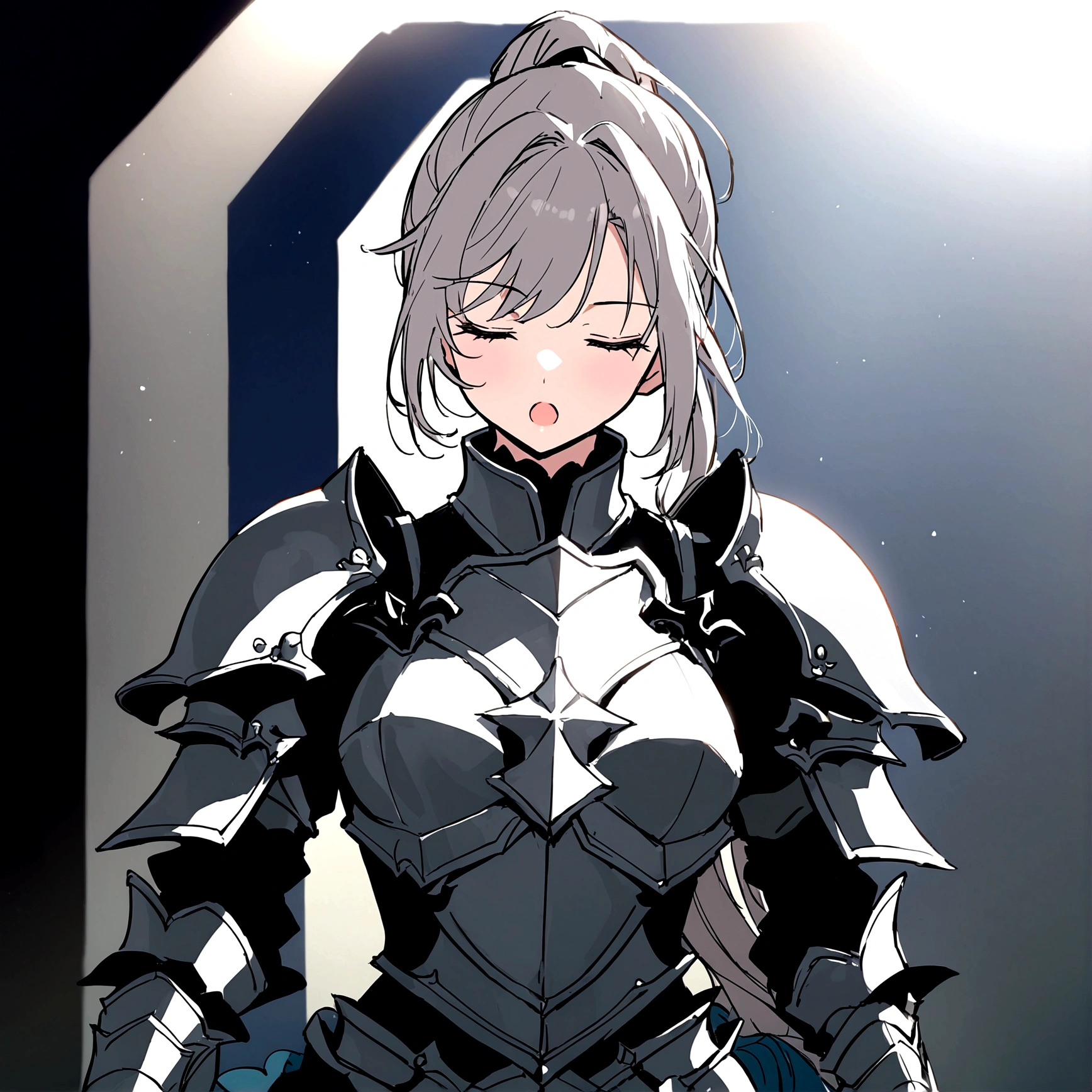 Beautiful girl knight in armor, Gray Hair, fantastic, Face your body forward like a certificate photo, shoot from front, Ponytail, Armor Girl, beautiful female knight, Female Paladin, upper body shot, drawing both arms, closed eyes