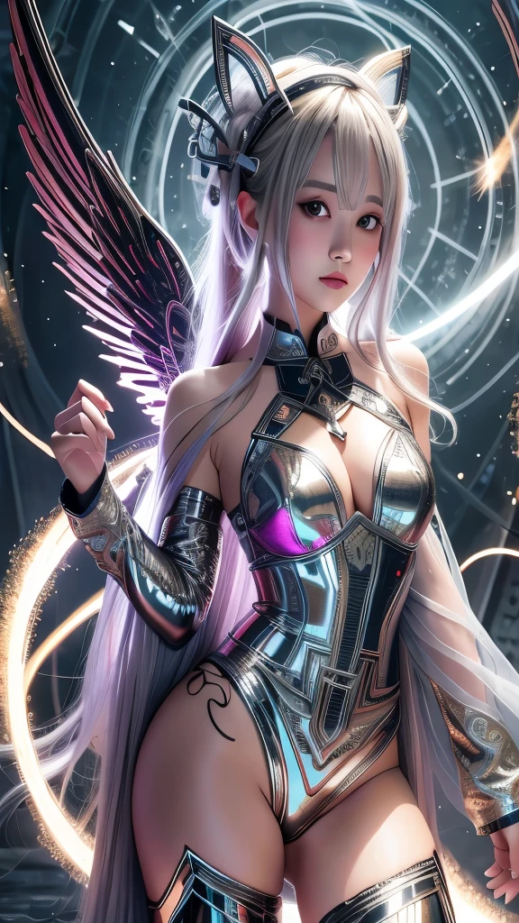 cyborg, girl, beautiful girl, cute, sexy, strong, thin, delicate, smile, (ta Costume), High Leg, metallic, Ultra Color, Paisley, headgear, Mandala, Near future, heaven, Angel, Fater, wing, Helix lamp