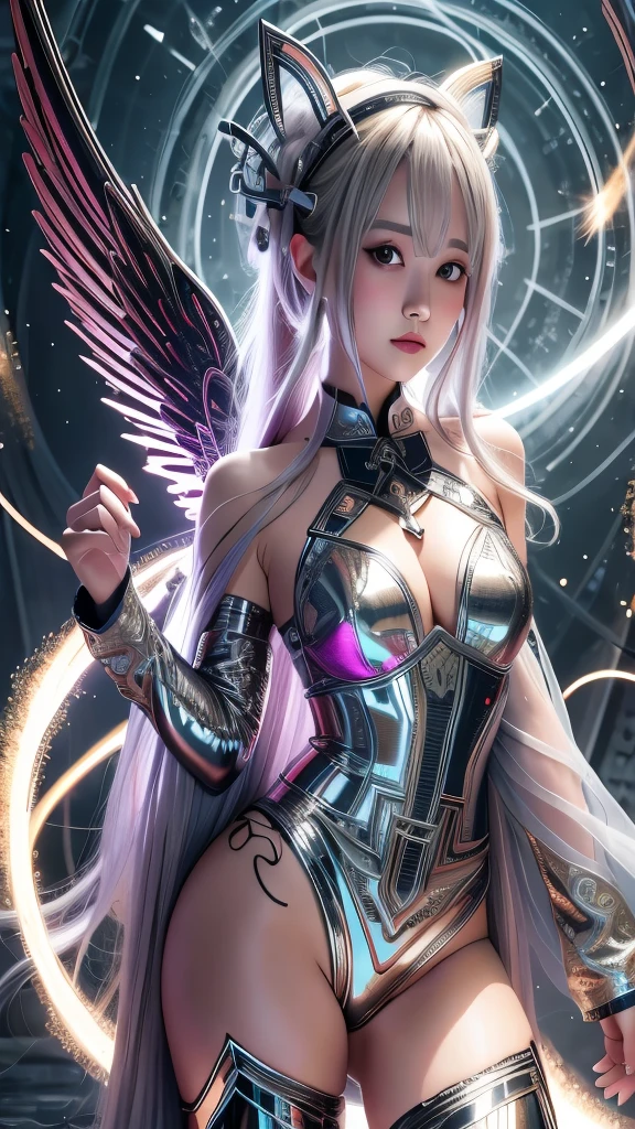 cyborg, girl, beautiful girl, cute, sexy, strong, thin, delicate, smile, (Lolita Costume), High Leg, metallic, Ultra Color, Paisley, headgear, Mandala, Near future, heaven, Angel, Fater, wing, Helix lamp