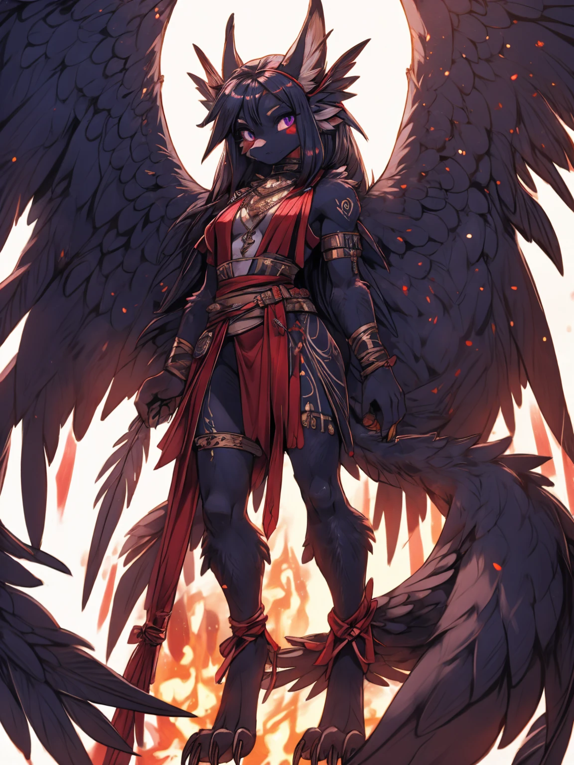 Miku Hatsune, add high definition_detail:1, blue fur,kitsune ears, tribal tattoo add_detail:1, in hell add_detail, barefoot, the same, giant black feather wings add_detail:1 ,alas hermosas la mejor calidad y detail en las flumas, purple saturation light, harpy paws, eagle claws add_detail:1