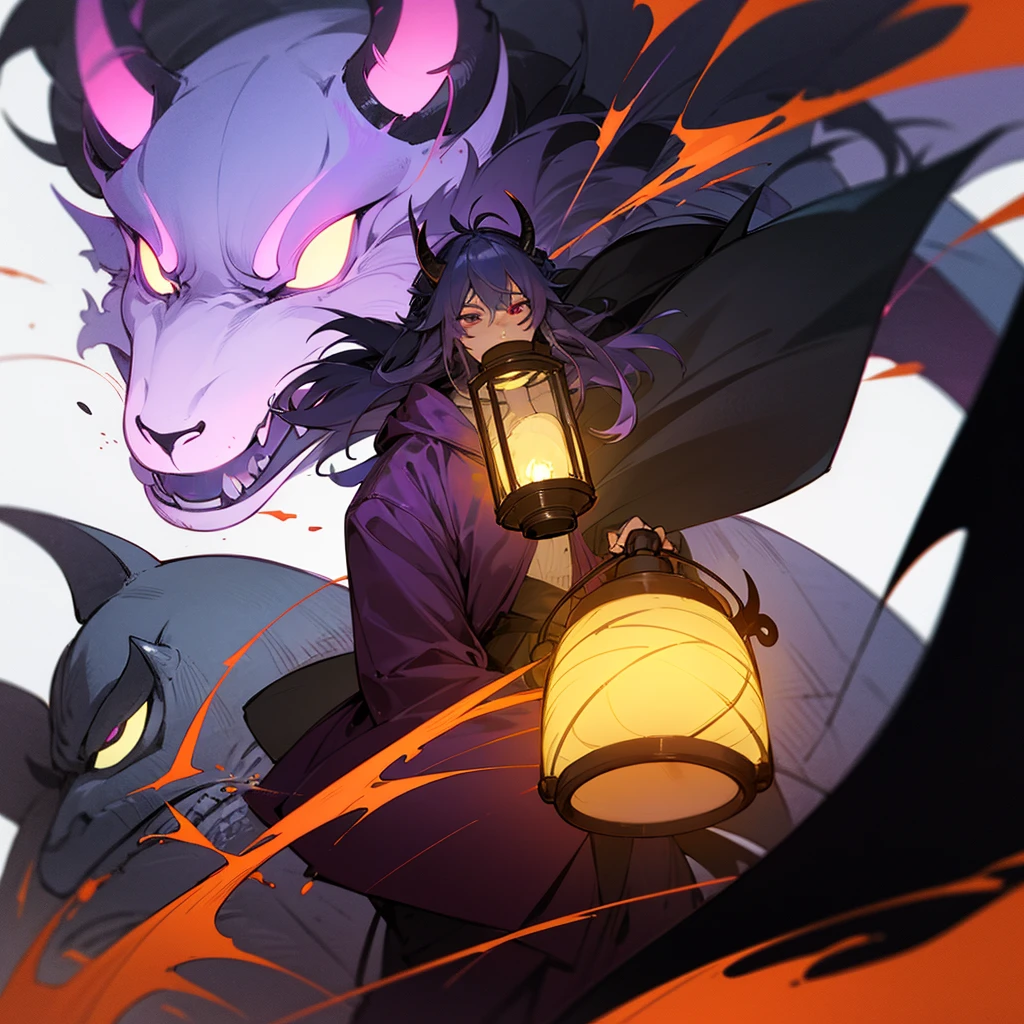 high resolution、Adult demon woman。Horns growing。He has a lantern in his hand。
Purple and black images、At a dynamic angle