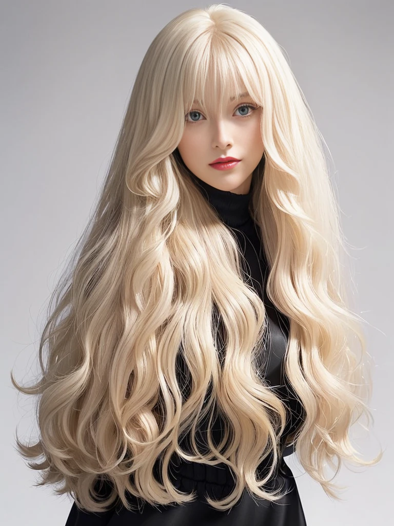 (White wall background:1.4. Upper body photo from the knees up) ((Random hip poses showing as much back and hair as possible)) ((Beautiful model with long platinum blonde hair, girl with super length Hair, extremely length Hair, extra length Hair, very long, Flowing Hair, very length Hair, length Hair girl, very long, Flowing platinum blonde hair, length Hair windy, very longプラチナブロンドヘア, length, Flowing Hair, length and or curly hair, with length Hair, length Hair!!!! Her Highest quality hair is long and 真っ直ぐ or curly hair very long, Highest qualityのプラチナブロンド, length hair in the center, Highest quality long Straight or curly hair, length, Straight or curly hair, beautiful, High quality platinum blonde hair, length and platinum blonde hair highest quality Straight or curly hair, length Hair, length and Straight or curly hair, Highest qualityのプラチナブロンドヘア, Perfect silky Straight or curly hair of the Highest quality, Straight or curly hair, Highest qualityのプラチナブロンドヘア, length platinum blonde hair Straight or curly hair, length, Bright platinum blonde hair Her hair is long and Straight or curly hair, very longプラチナブロンドヘア, length hair in the center, length Straight or curly hair, length, Straight or curly hair, beautiful hair of the Highest quality, length Hair, length, Straight or curly hairプラチナブロンドヘア , length and free Straight or curly hair Platinum blonde hair, Straight or curly hair Platinum blonde hair)) (Her bangs are perfect.:1.3) ((Highest quality)) ((masterpiece)) (family friendly) (Get used to it) (Received a sensual make-up treatment by a professional make-up artist.... Exquisite texture:1.4 Bright red lipstick!!! Beautiful black eyeliner) Perfect Woman'face (Her face is dignified そして sexy) ((Her eyebrows are very thin:1.8)) Perfect Woman'face (Her face shape is thinner than average:1.8) (Her eyes are larger than average:1.8 Her nose is higher than average:1.8) (She is more glamorous than the average French woman.:1.5 Her skin is the typical complexion of t