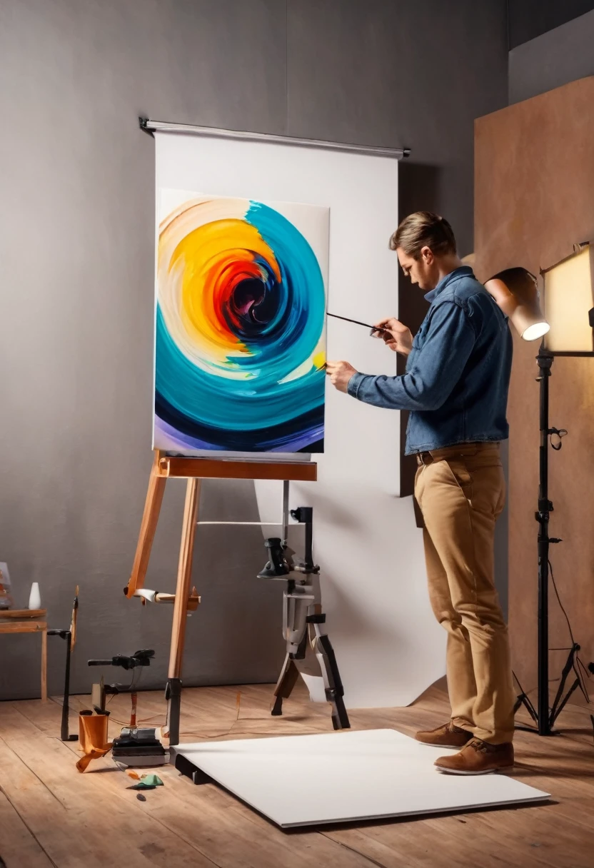 Modern graphic painting being photographed on an overhead copy-stand, commercial studio, blackout, 4k advertising image, Apple