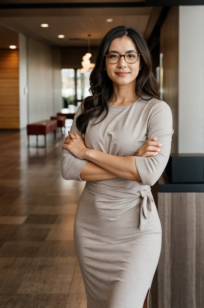 arafed woman in glasses standing in a lobby with her arms crossed, waist up portrait, sophisticated young woman, young business woman, front portrait, confident looking, portrait of a beautiful, wearing business casual dress, fotografia, smart looking, portrait of beautiful, standing in a restaurant, confident relaxed pose, woman, female in office dress, woman in business suit