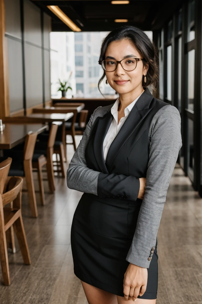 arafed woman in glasses standing in a lobby with her arms crossed, waist up portrait, sophisticated young woman, young business woman, front portrait, confident looking, portrait of a beautiful, wearing business casual dress, fotografia, smart looking, portrait of beautiful, standing in a restaurant, confident relaxed pose, woman, female in office dress, woman in business suit