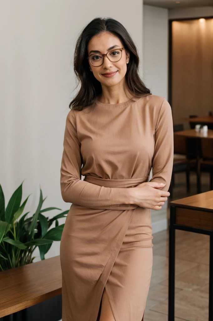 arafed woman in glasses standing in a lobby with her arms crossed, waist up portrait, sophisticated young woman, young business woman, front portrait, confident looking, portrait of a beautiful, wearing business casual dress, fotografia, smart looking, portrait of beautiful, standing in a restaurant, confident relaxed pose, woman, female in office dress, woman in business suit