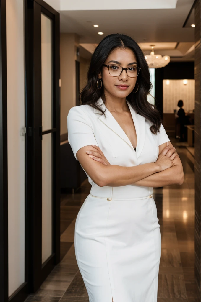 arafed woman in glasses standing in a lobby with her arms crossed, waist up portrait, sophisticated young woman, young business woman, front portrait, confident looking, portrait of a beautiful, wearing business casual dress, fotografia, smart looking, portrait of beautiful, standing in a restaurant, confident relaxed pose, woman, female in office dress, woman in business suit