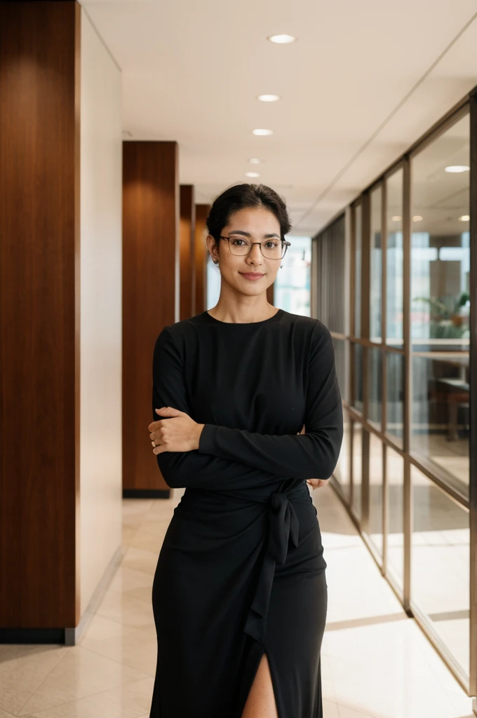 arafed woman in glasses standing in a lobby with her arms crossed, waist up portrait, sophisticated young woman, young business woman, front portrait, confident looking, portrait of a beautiful, wearing business casual dress, fotografia, smart looking, portrait of beautiful, standing in a restaurant, confident relaxed pose, woman, female in office dress, woman in business suit