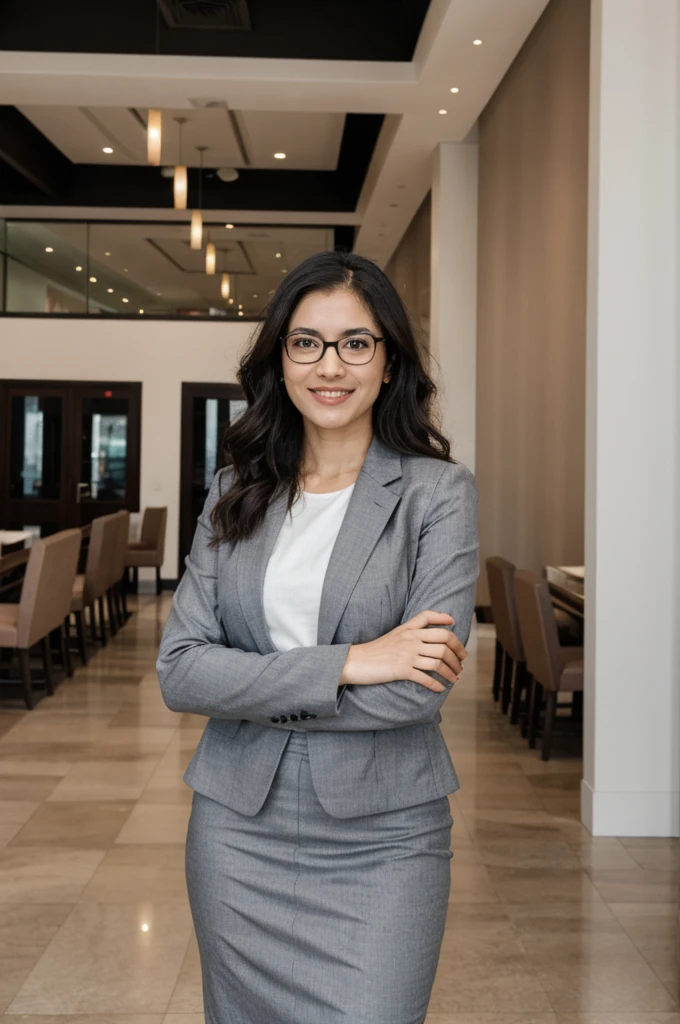 arafed woman in glasses standing in a lobby with her arms crossed, waist up portrait, sophisticated young woman, young business woman, front portrait, confident looking, portrait of a beautiful, wearing business casual dress, fotografia, smart looking, portrait of beautiful, standing in a restaurant, confident relaxed pose, woman, female in office dress, woman in business suit