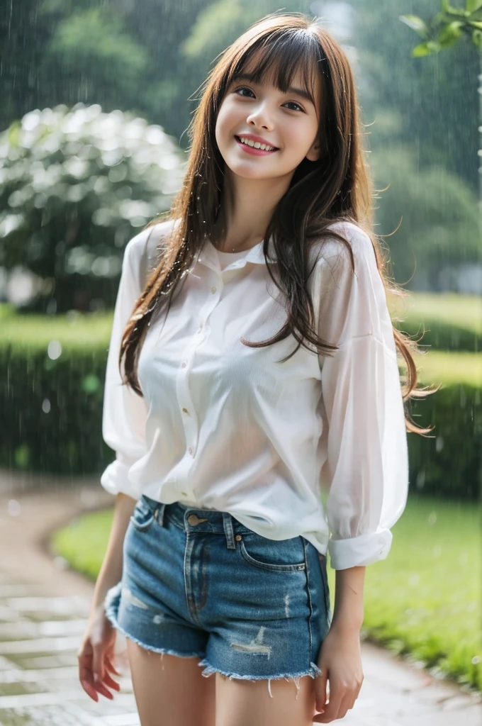 22year old beautiful girl、Highest image quality、realistic、16K、beautiful woman、super long hair、With bangs、Pretty slim、heavy rain、While walking in the rainy park、my white shirt is soaked wet、wet from heavy rain、Full body figure、thin waist、Larger breasts、clear background、look up、Smile a little、Denim shorts、Full body