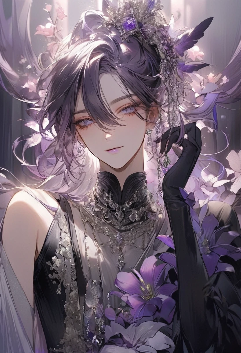 Feminine boy, soft womanish facial features, smile, squinted siren dark blue eyes without glare, silver and dark purple long loose hair with straight bang, fantasy black clothes with blue and purple elements, long black gloves, model, gorgeous, elegant, lots of silver jewelry, flowers in his hair, skinny body, hourglass figure, light lipstick