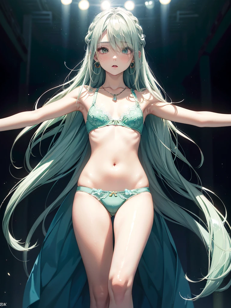 Highest quality,High resolution,HDR, 8k hd,The finer details, ((Exact number of legs,Exact number of arms, Perfect hands,Perfect legs)),Absurd, Bright colors, extremely beautiful detailed anime face,Look straight ahead, (Mid-chest:1.3), Gazing at the audience, Open your mouth,Feet outside the frame, White skin, hair accessory,Earrings, Earrings, necklace, Alone, (20 year old girl:1.5), (Shiny long straight hair:1.4),((Light green hair)),Asymmetrical bangs,Shiny Hair,(Small eyes:1.5),Very beautiful detailed eyes,Delicate and beautiful features,(Sulky look:1.3),(Simple underwear)