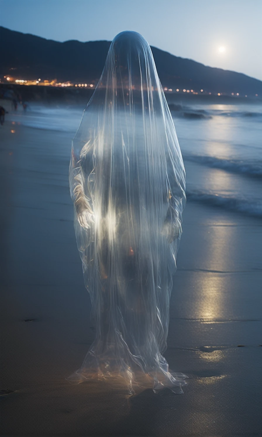 a transparent ghost at night on the beach