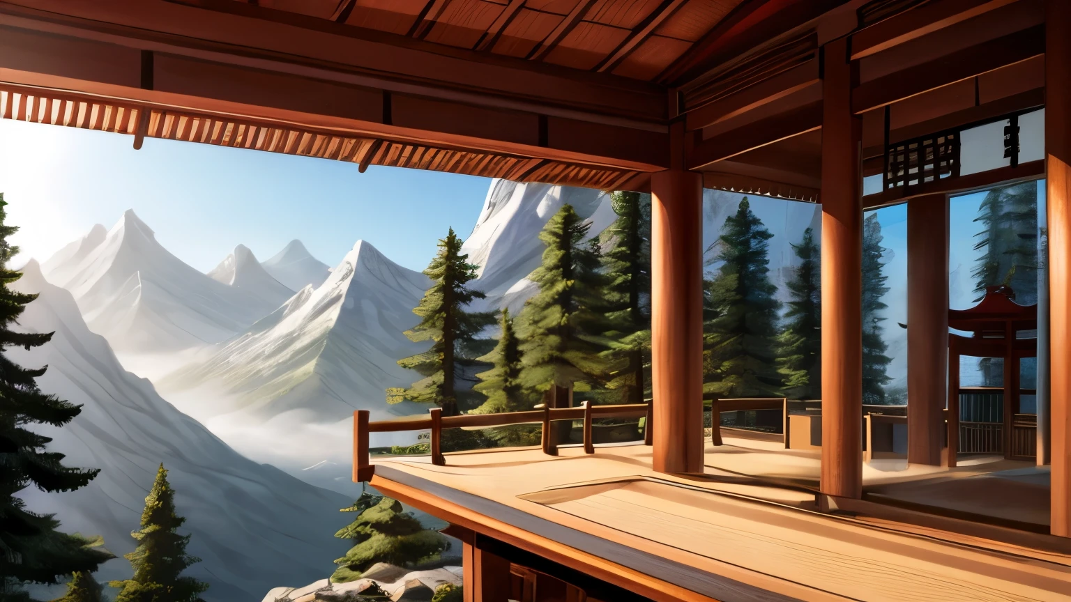 Mystical ancient Japanese shrine on a misty mountain, towering cedar trees, spiritual atmosphere, soft sunlight filtering through"
