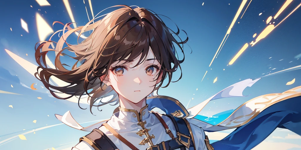 1boy,Brown hair,high light, Brown eyes, high quality, gradient blue background, light atmosphere, dreamy atmosphere, half body photo, pale colors, sfx, glad, delightful, landscape, male, --ar 1:1 --v 5.2